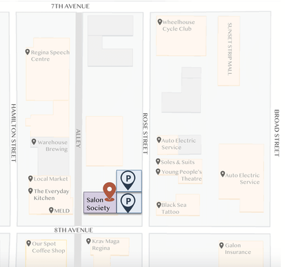Parking map for Salon Society with nearby businesses